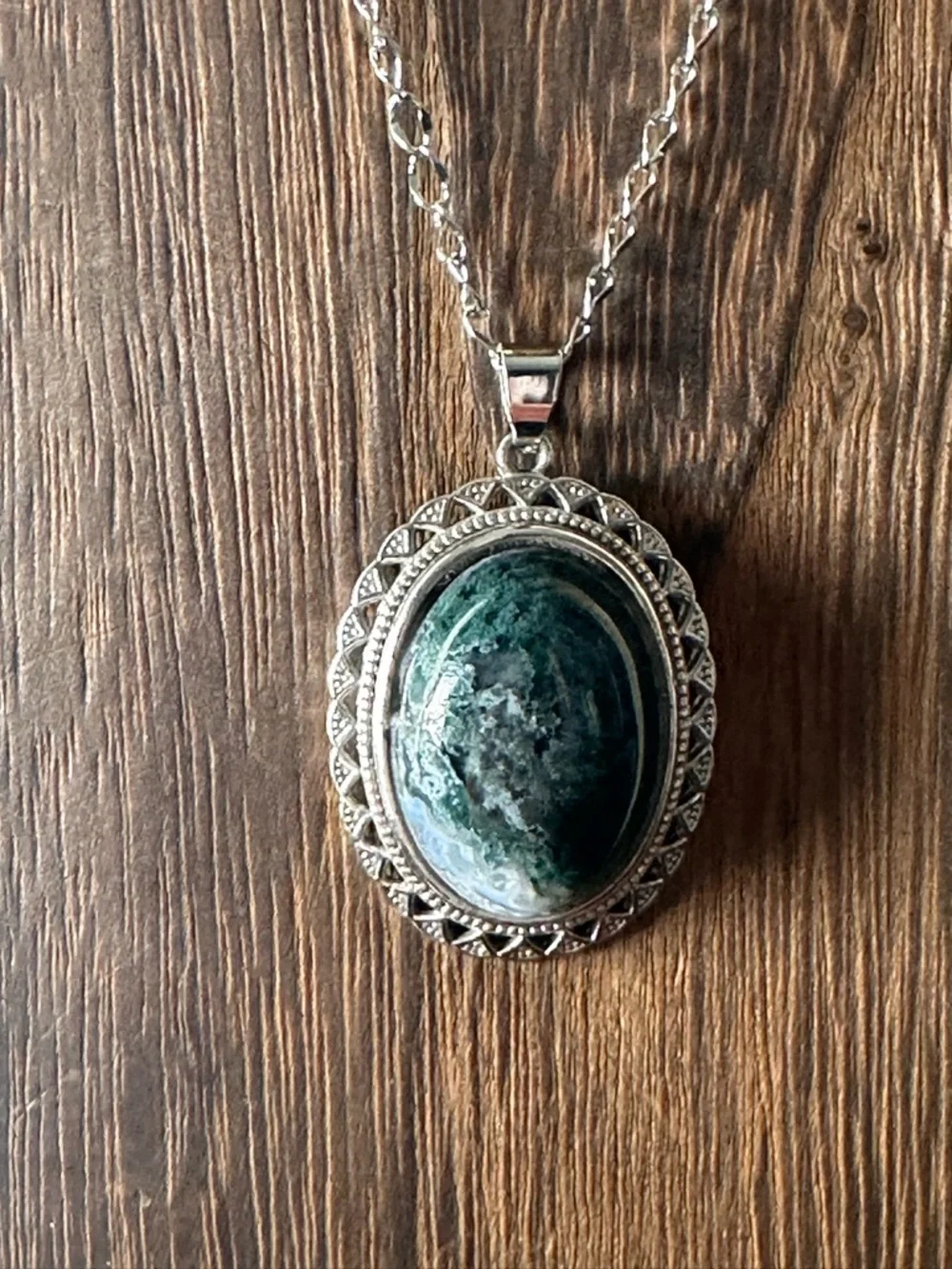 Silver-Tone Green Stone Oval Pendant Necklace - Women Jewelry - Picture 2 of 15
